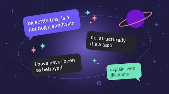 Four chat bubbles drifting in a starry night sky, joking about whether a hot dog counts as a sandwich.
